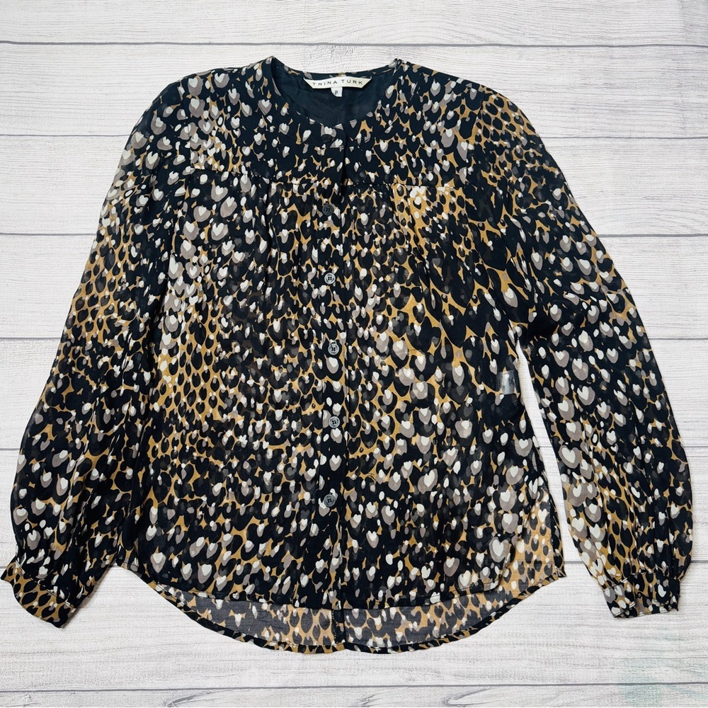 Trina Turk Silk Chiffon Animal Print Button Down Blouse Size Petite Small